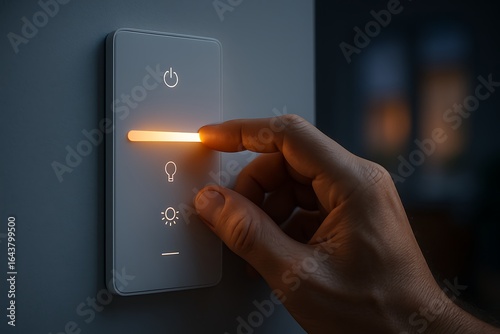 Finger adjusting a modern touch screen light control panel