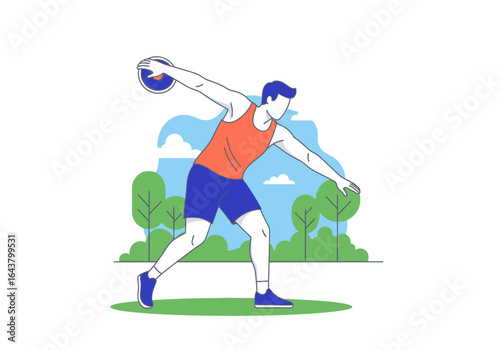 Athlete prepares to throw a disc in a field, showcasing strength and determination. Suitable for sportsrelated designs and promotions.