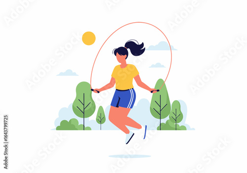 Woman exercising with a jump rope in a beautiful park. Great for fitness, health, active lifestyle, outdoor activities, and sportthemed designs.