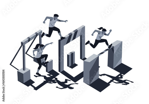 Three people face a fun and challenging obstacle course, demonstrating teamwork, athleticism, and perseverance. Perfect for sports, teamwork, and motivation concepts.