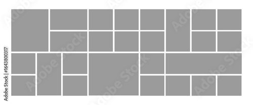 Modern photo frame grid template. Blank image placeholders for picture wall, album page, or collage layout. Minimal abstract design.