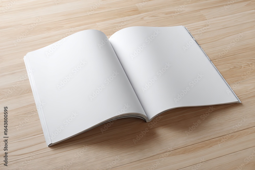 Fototapeta premium Open blank magazine lies on light wood grain surface, showcasing clean, white pages with subtle page curl and soft shadowing