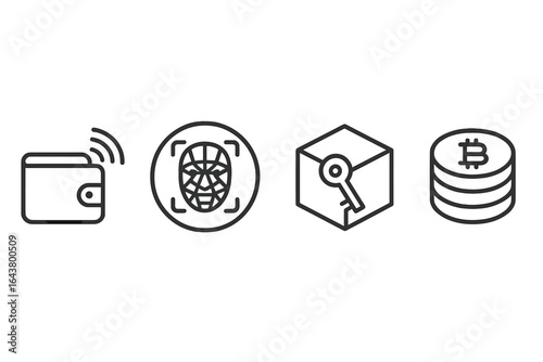 Digital wallet icons representing modern financial transactions and security methods for cashless payments and cryptocurrencies
