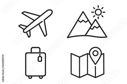 Explore the joys of travel with icons representing flights, mountains, luggage, and maps for planning adventures