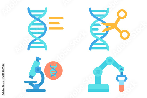 Illustration of genetic research tools highlighting DNA, microscopy, and laboratory automation
