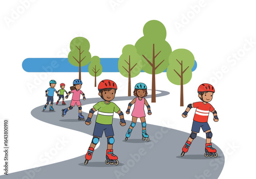 Group of children rollerblading with helmets and pads on a path. Suitable for sports, safety, childhood, outdoor activities, and recreationthemed designs.