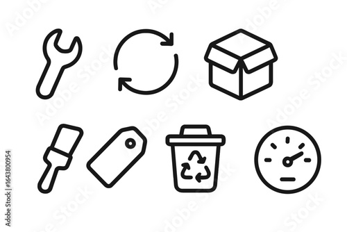 Hand tools and recycling symbols used for sustainable practices in home improvement and waste management