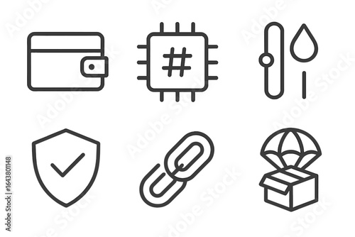 Collection of technology and security icons showcasing wallet, chip, drop, checkmark, link, and parachute with box