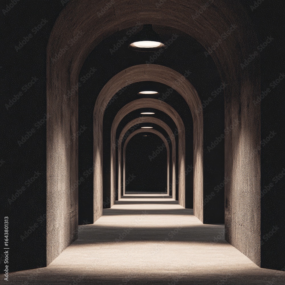 Fototapeta premium Long, arched concrete tunnel. Dim, focused light