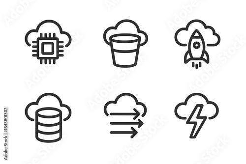 Cloud computing icons depicting technology elements like processing, storage, and data transfer in a minimalist design