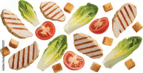 Fresh Caesar Salad Ingredients with Grilled Chicken, Lettuce, and Croutons