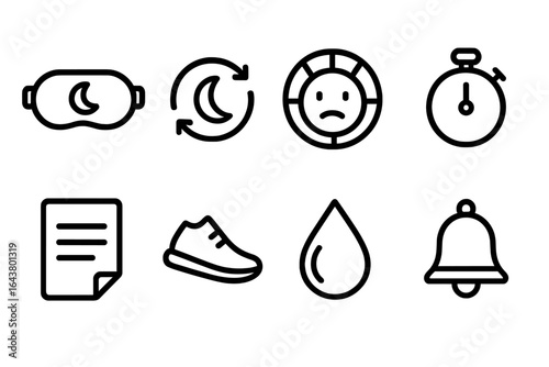 Icons representing sleep and productivity concepts with relaxing themes and daily activities in a minimalistic style