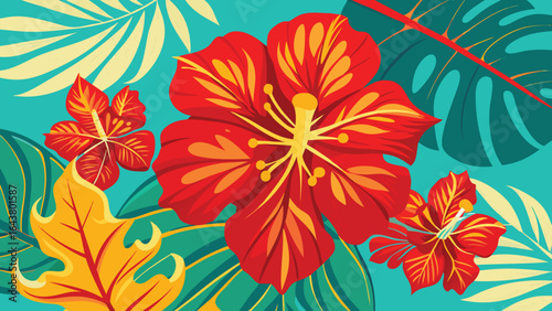 Seamless pattern with hibiscus flowers and palm leaves
