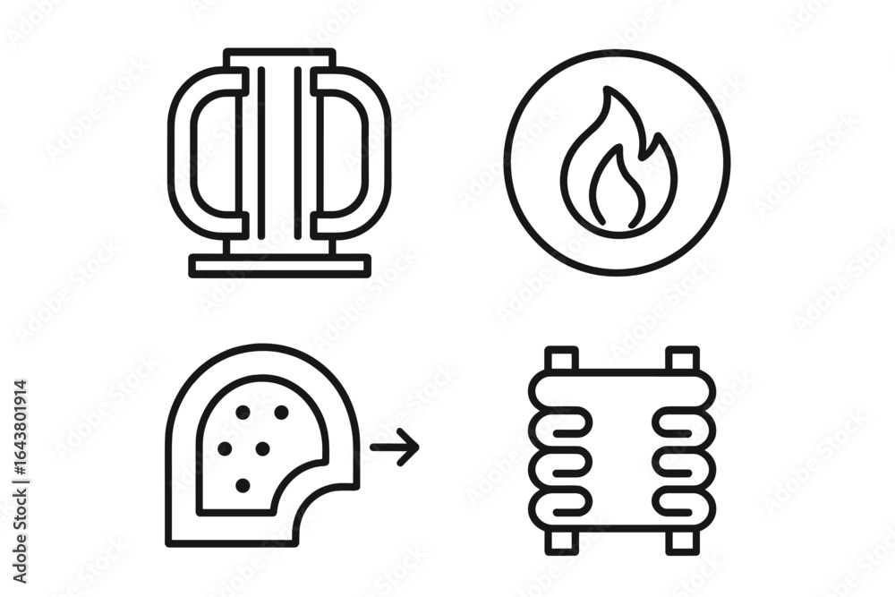 Creative icons depicting beer, fire, baked goods, and coil design for culinary concepts Creative icons depicting beer, fire, baked goods, and coil design for culinary concepts