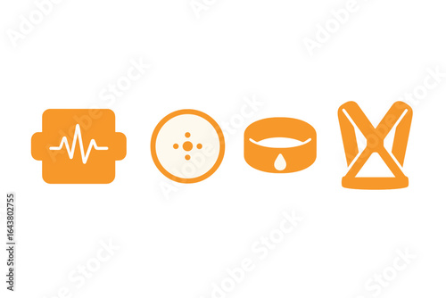 Health monitoring symbols including a heart rate icon, sensor, wristband, and monitoring device in a health context
