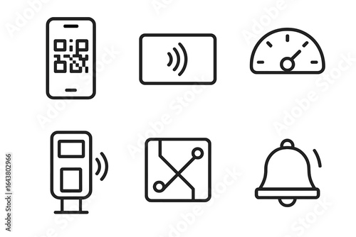 Mobile technology icons representing contactless features and transportation updates for urban navigation systems