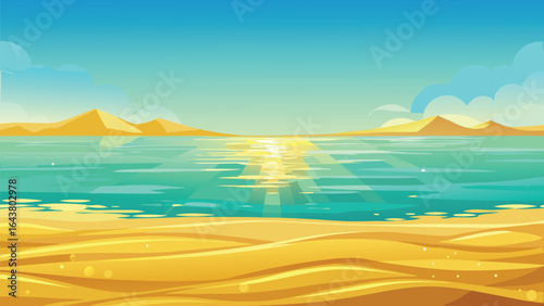 Beautiful seascape with sea and sand. Vector illustration.
