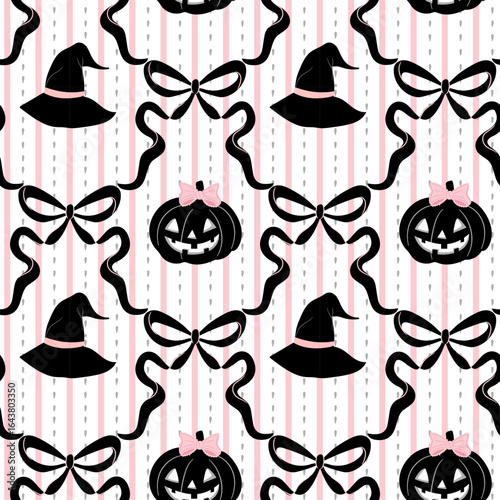 Coquette whimsical halloween seamless pattern in black and blush pink. Featuring black Pumpkin, witch hat in trellis Pattern with bows perfect for holiday fabrics, gift wrap, banners etc