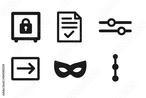 Collection of icons representing security features, documentation, and user settings in a digital interface