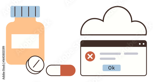 Medicine bottle, capsule, pill, cloud element, and error message in web interface. Ideal for technology, healthcare, error reporting, data security telemedicine pharmaceutical caution simple flat