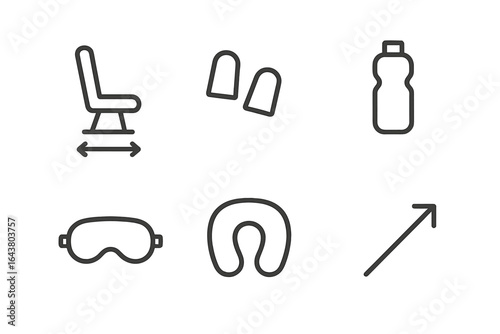 Comfortable travel accessories including a seat, eye mask, water bottle, neck pillow, and earplugs for a relaxing journey
