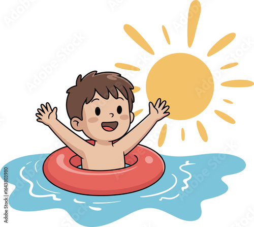 Cartoon boy swimming with inflatable ring, happy child in water, summer fun, sun shining, outdoor pool activity, child enjoying swim, safety float, sunny day play
