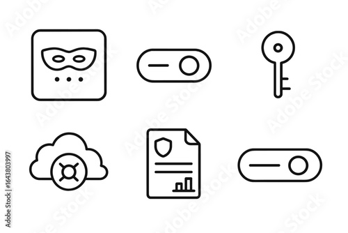 Collection of digital security icons illustrating features like authentication, encryption, and access control