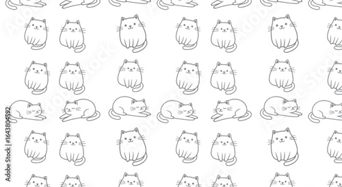 Cute seamless pattern of hand-drawn cartoon cats in sitting and sleeping poses for fabric, kids, and pet designs