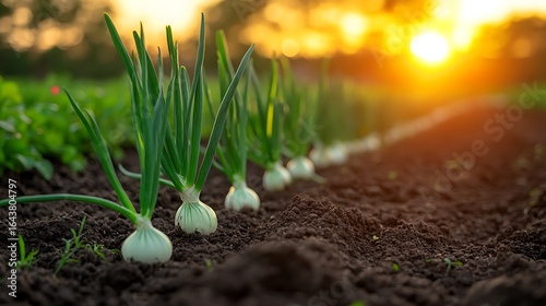 Onions growing in garden sunlight