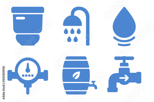 Icons representing water conservation tools and plumbing fixtures for efficient home water use