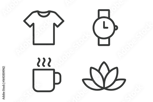 Items representing a cozy lifestyle with a shirt, watch, steaming coffee, and flower arranging