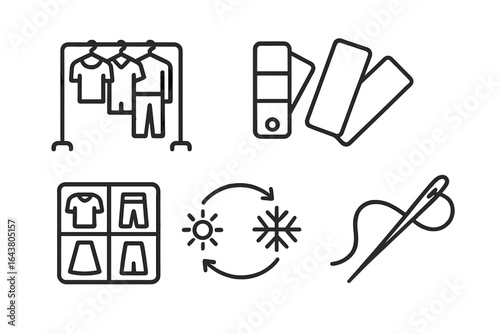 Clothing design and production process featuring fabric swatches, hanging garments, and sewing tools