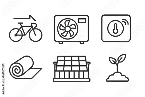 Collection of icons representing eco-friendly transportation, energy efficiency, and sustainability measures in urban settings