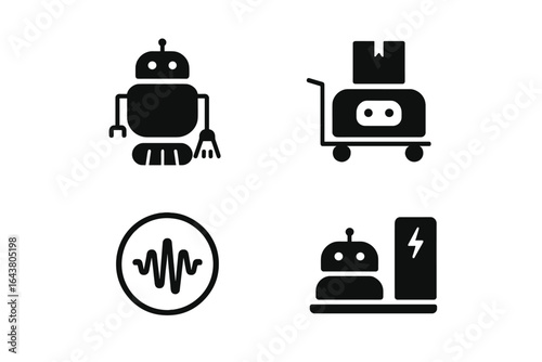 Various robot icons designed for technology and automation themes, showcasing different functions and designs in a simple style