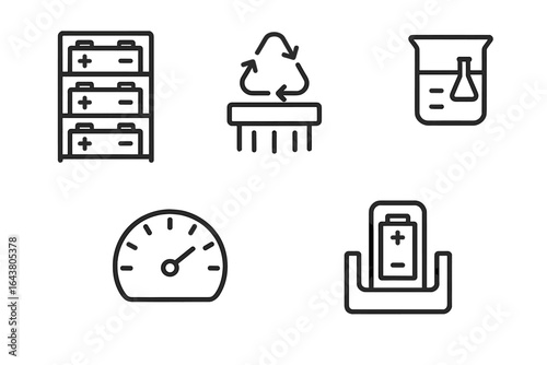 Battery recycling process and sustainability measures shown in icons and symbols