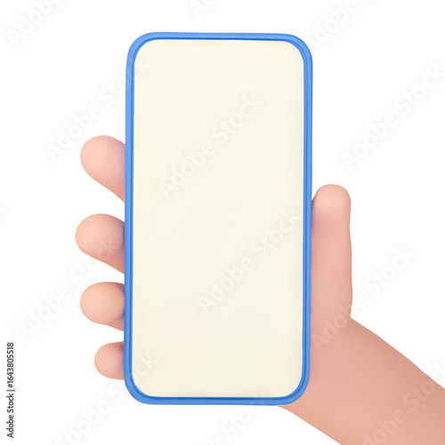 Hand hold smartphone with blank white screen isolated on white background. Online marketing concept. Mobile phone with empty screen in a palm of a hand. Cartoon vector illustrtion