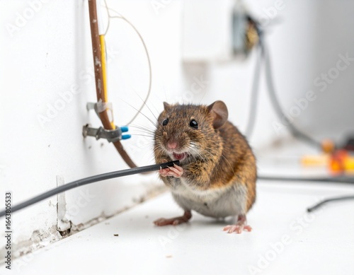 A rat gnawing on electrical wires inside a house