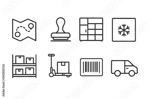 Logistics icons illustrating inventory management, delivery, and storage processes in modern supply chain operations
