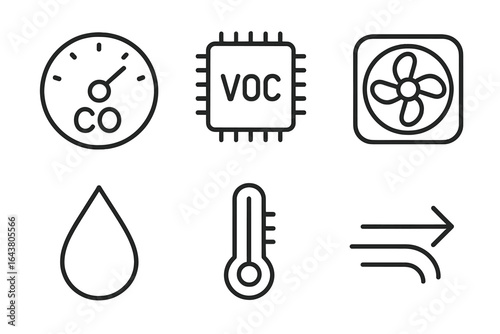 Air quality monitoring tools and indicators displaying various metrics and levels related to indoor environmental conditions