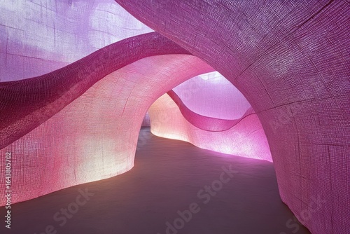 An immersive, sinuous passageway crafted from a translucent, woven textile in varying shades of pink and purple, illuminated from within, creating a dreamlike, ethereal atmosphere