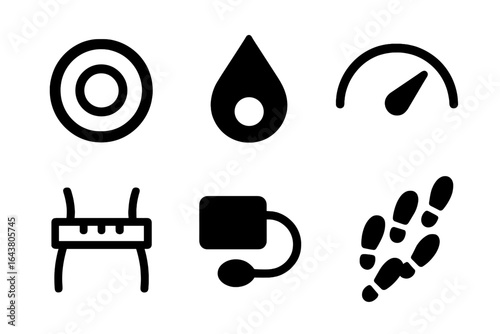 Icons representing various concepts of measurement, tracking, and fluid dynamics explored in a modern design context