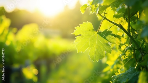 A green vine leaf with sunlight shining through, set against a blurred background of more leaves and greenery.