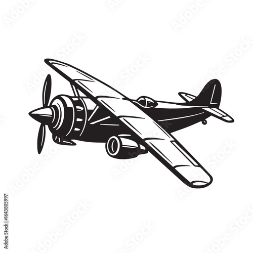 Classic retro biplane propeller aircraft in black and white silhouette vector illustration