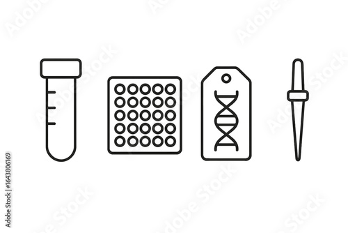 Laboratory tools for scientific research are displayed in a minimalistic design depicting various equipment and findings