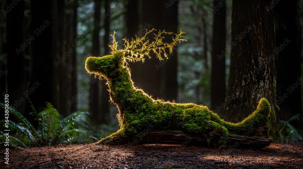 Fototapeta premium Moss-covered deer sculpture in a forest setting.