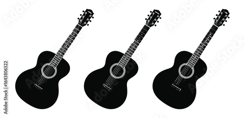 Vector art of a set of three acoustic guitars isolated on white background, symbolizing music, performance, and the art of playing stringed instruments in various musical genres