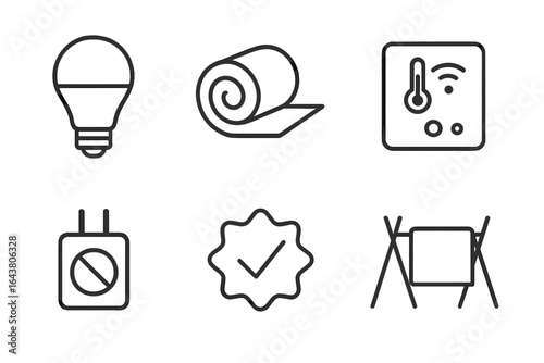 Line art icons representing home improvement tools, smart technology, and safety devices against a simple background