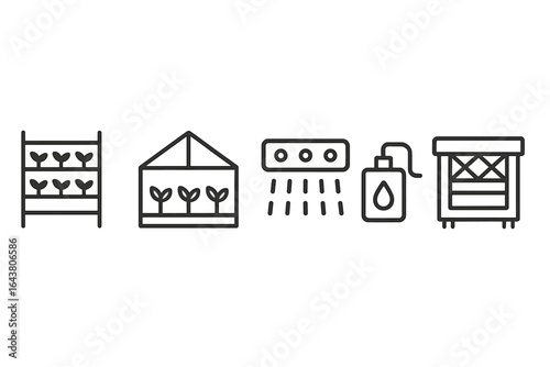Growing plants in a greenhouse with irrigation and care tools for indoor gardening enthusiasts in a home setting