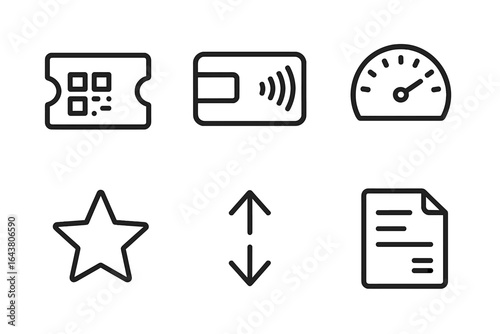 Simple icons representing ticketing, card transactions, speed metrics, ratings, movements, and documentation for digital applications
