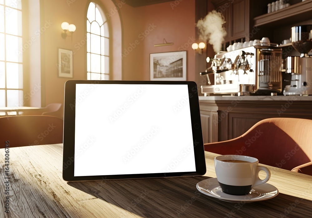 Obraz premium Laptop and coffee cup on wooden table in cozy home interior with natural light and modern furniture